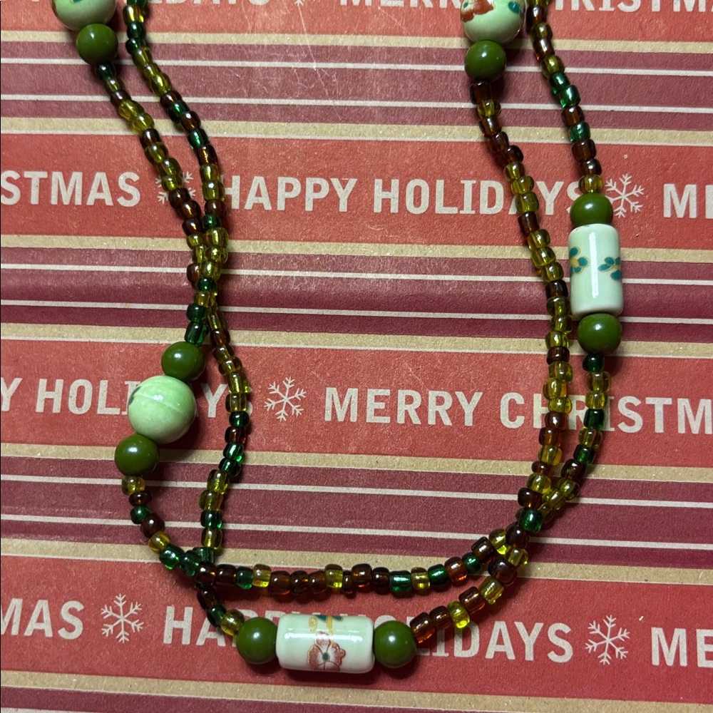 Asian inspired necklace Boho Floral green Beaded